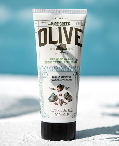 KORRES Olive Body Lotion for Dry Skin, Moisturizer Cream with Vitamin E, Aloe and Pure Greek Olive Oil for Body Care, Hydrating and Nourishing for Smooth, Supple Skin, Sea Salt Scented, 6.76 fl oz
