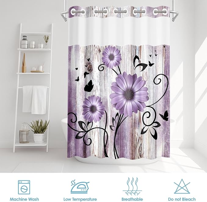 No Hook Purple Flower Shower Curtain with Snap in Fabric Liner Set, Rustic Farmhouse Daisy Double Layers Waterproof Fabric with See Through Top Window Open Grommet Bath Curtain 54x80 Inch
