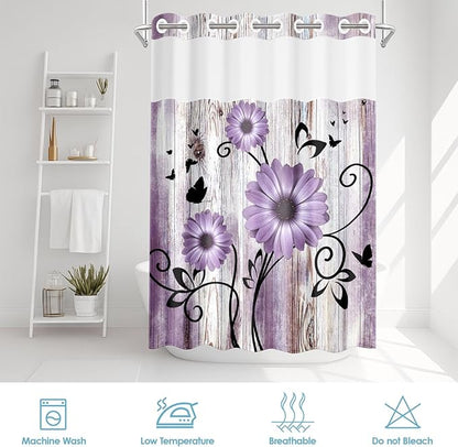 No Hook Purple Flower Shower Curtain with Snap in Fabric Liner Set, Rustic Farmhouse Daisy Double Layers Waterproof Fabric with See Through Top Window Open Grommet Bath Curtain 54x80 Inch