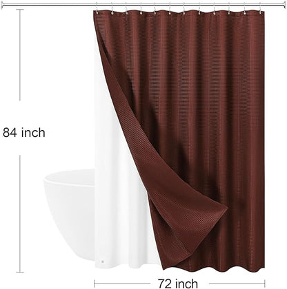 3 in 1 Extra Long Brown Shower Curtain Set-72 W x 84 H, Modern Waffle and PEVA Liner Set with 12 Stainless Steel Hooks, Waterproof Fabric for Bathroom