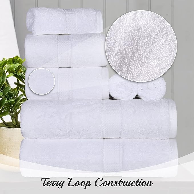 BLUENILEMILLS Madison Egyptian Cotton Towels, Towel Set for Bathroom, Shower, Hotel, Plush, 800 GSM, Highly Absorbent and Ultra-Soft Towels, Bath Essentials, 8 Piece Assorted Towel Set, White