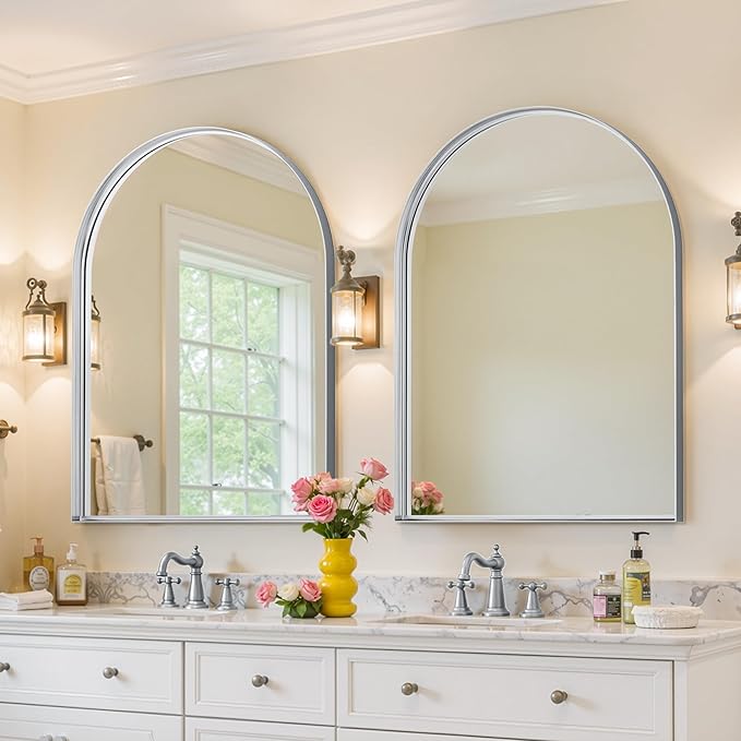 Arched Mirror 22"x30", Bathroom Mirror, Wall Mounted Vanity Mirror with Arch Metal Frame for Bathroom, Over Sink, Bedroom, Living Room, Deep Frame, Silver