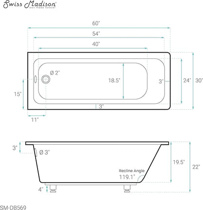 Swiss Madison Voltaire 60" x 30" Reversible Drain Drop-In Bathtub