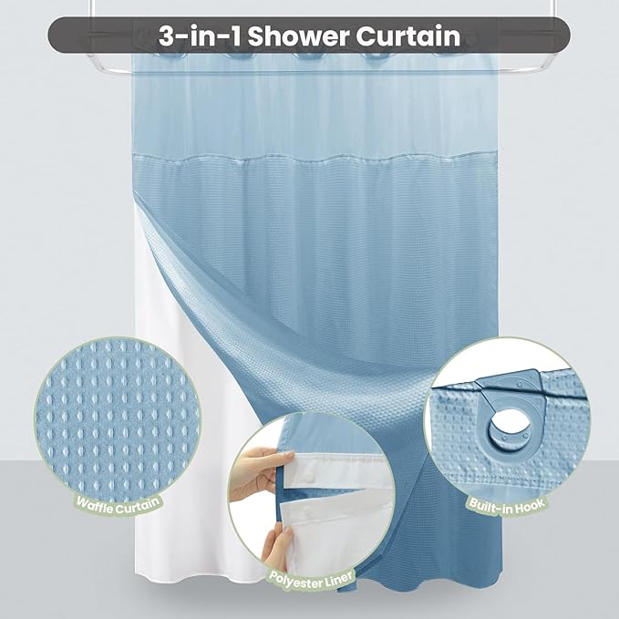 Inhousolu No Hook Shower Curtain with Snap in Fabric Liner Set Waffle Weave 230GSM Weighted Hem, Waterproof & Washable Bathroom Curtain Spa Luxury with Mesh Top Window 72" W x 72" L Teal