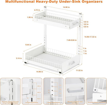 Under Sink Organizer,2 Tier Slide Out Kitchen Cabinet Organizers with Pulley,Under Bathroom Sink Pull Out Organizer with Multiple Height Adjustments for Kitchen and Bathroom Cabinets-White