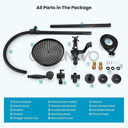 gotonovo Exposed Bathroom Shower System Classic Shower Kit 8 Inch Luxurious Rainfall Shower Head Handheld Spray Tub Filler Brass Pipe 3-Function Wall Mount Double Cross Knobs Oil Rubbed Bronze