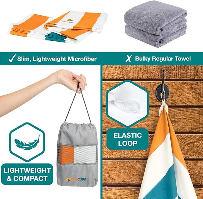 SUN CUBE Microfiber Beach Towel, Quick Dry Sand Free Beach Towel, Lightweight, Compact for Travel Swim Sports Camping, Packable Sand Resistant Towel Adult - Orange 78x35 Inches
