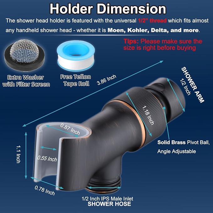 Shower Head Holder All Metal Adjustable Handheld Shower Arm Mount, 1/2" Shower Hose Holder Fits Most Hand Showerheads, Brass Hand Held Shower Head Holder , Easy to Install (Oil Rubbed Bronze)