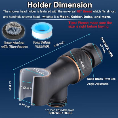 Shower Head Holder All Metal Adjustable Handheld Shower Arm Mount, 1/2" Shower Hose Holder Fits Most Hand Showerheads, Brass Hand Held Shower Head Holder , Easy to Install (Oil Rubbed Bronze)