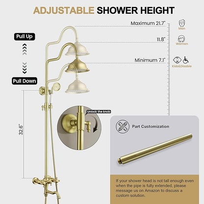 Exposed Shower System Brushed Gold,Antique Brass Shower Faucet Set with 8 Inches Rainfall Shower Head Vintage,Outdoor Shower Fixture with Foldable Tub Spout