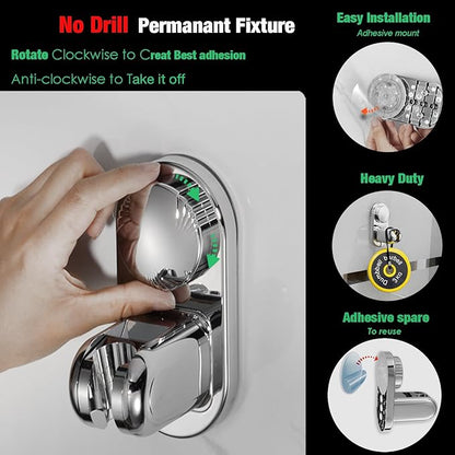 Handheld Shower Head Holder - 5 Positions Adjustable + 90° downwards - Adhesive Wall Mount - Fits Large showerhead - Wider Slot For Universal Fits - Polished Chrome