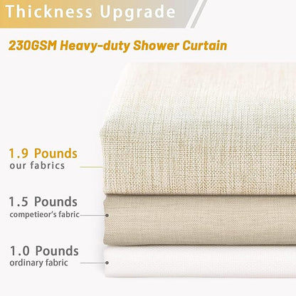 Linen Ivory Shower Curtain Cream, Linen Textured Heavy Duty 230GSM Fabric Shower Curtain Set, Boho Farmhouse Shabby Chic Rustic Shower Curtains for Bathroom Waterproof Decorative - 108"x72" Beige