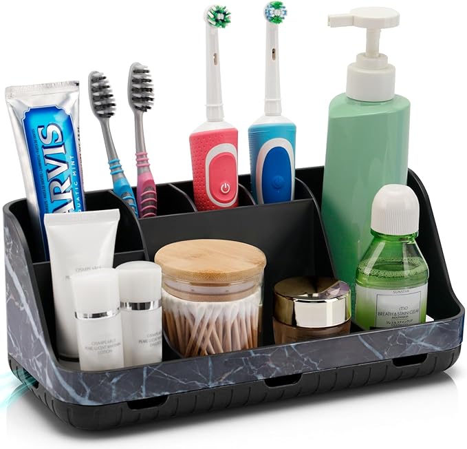 Marble Black Toothbrush Holders for Bathrooms - Detachable 7 Slots Bathroom Organizer Countertop Matte Black Electric Toothbrush and Toothpaste Holder for Bathroom Counter Vanity Sink Storage