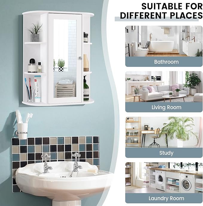 COSTWAY Wall Mounted Bathroom Cabinet, Storage Organizer with Mirror Door, 3 Adjustable Shelves & 6 Open Racks, Space-Saving Hanging Medicine Cabinet for Living Room Kitchen Entryway, White
