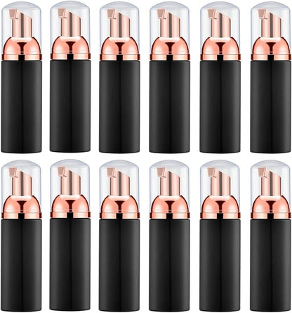 2 Oz Empty Foam Pump Bottle (12PCS) Travel Foaming Soap Dispenser for Hand Soap, Lash Shampoo Cleanser (Black&Rose Gold)