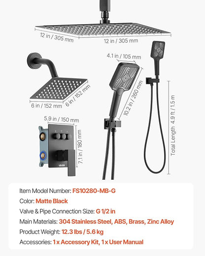 VEVOR Shower Faucet Set, 12 Inch Ceiling Mount Rainfall Shower System with 6 Inch Wall Mount Head and 4 in 1 Handheld Spray, Rotatable 3-Function Dual Rain Head Brass Valve and Trim Kit, Matte Black