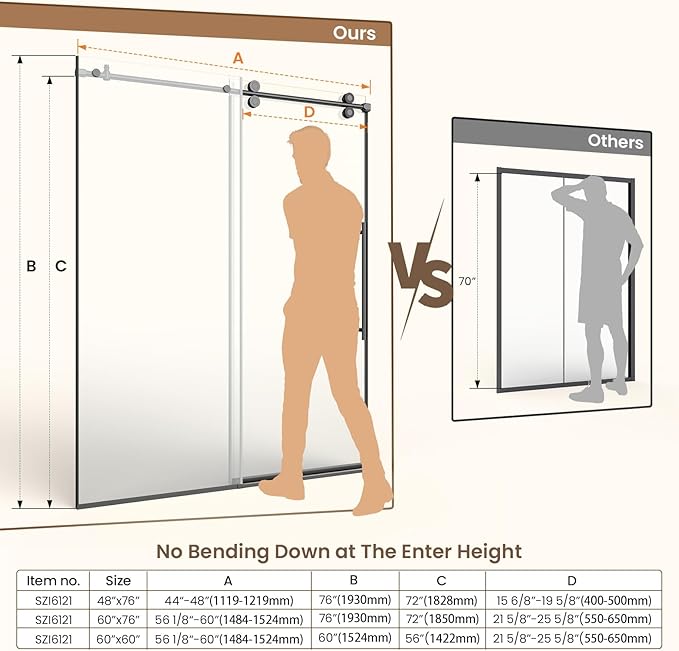Bathbliss Glass Shower Door 56"-60" Wx60 H,Frameless Sliding Glass Door with 5/16"(8mm) Tempered Glass Shower with Matte Black Finish