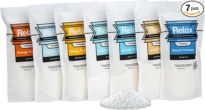 Relax Spa & Bath, Epsom & Dead Sea Salts, Aromatherapy Bath Salts for Hot Tub, Bath, or Spa, Infused with Magnesium, Muscle Recovery & Sports Therapy, 7 Pack, Relax RX Collection, 4 oz Each
