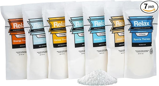 Relax Spa & Bath, Epsom & Dead Sea Salts, Aromatherapy Bath Salts for Hot Tub, Bath, or Spa, Infused with Magnesium, Muscle Recovery & Sports Therapy, 7 Pack, Relax RX Collection, 4 oz Each
