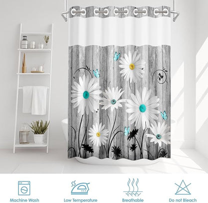 No Hook Flower Daisy Shower Curtain with Snap in Fabric Liner Set, Gray Wooden Boards Double Layers Waterproof Fabric with See Through Top Window Open Grommet Bath Curtain 54x80 Inch