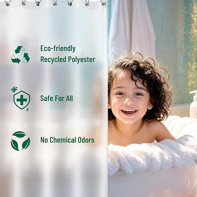 Bowery Home Eco-Friendly Recycled PEVA Shower Curtain Liner – Waterproof, Sustainable, Non-Toxic Shower Curtain Liner, with Rust-Proof Grommets, NOT Made in China - 72x72IN, 4G – Frosted
