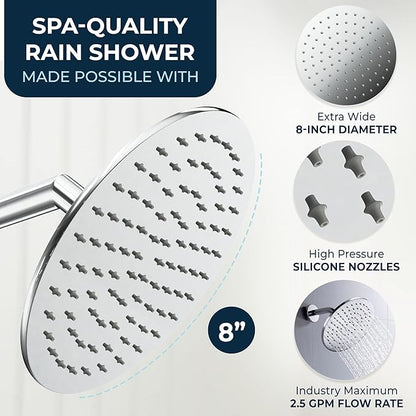 HammerHead Showers® Solid Metal 8 Inch Rainfall Shower Head – CHROME - Shower Head Rainfall - 2.5 GPM High Flow Shower Head Optimized for Pressure – Large Round Rain Shower Heads