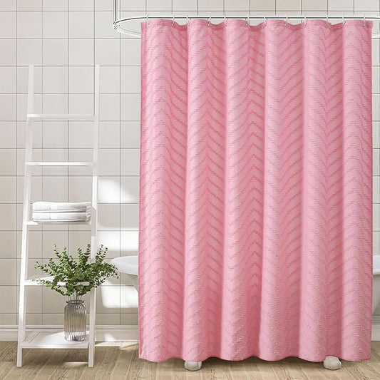Pink Boho Shower Curtain Woven Fabric Cute Shower Curtain Textured Tufted Chevron Striped Minimalist 72 x 84 Bathroom Shower Curtains
