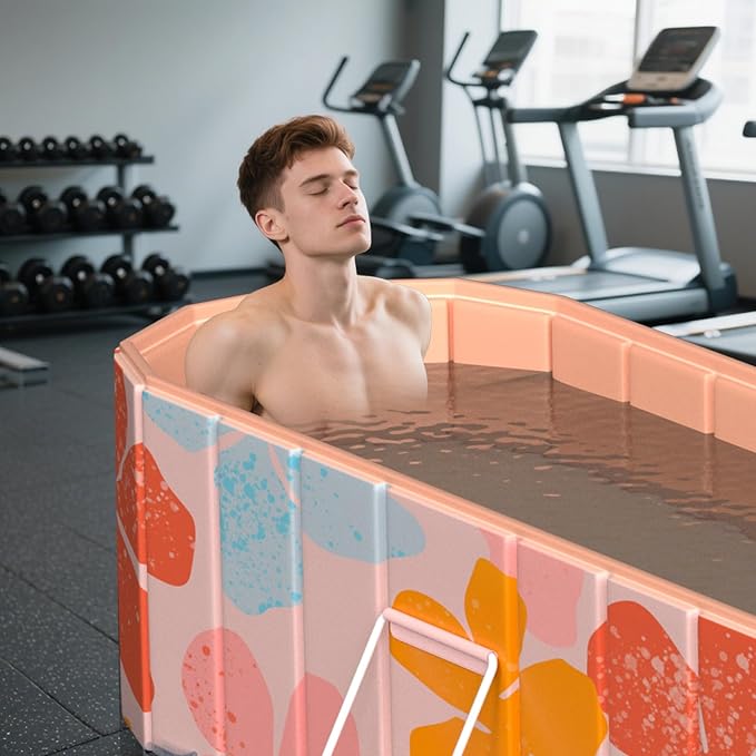 Portable Bathtub for Adults 47" Large Foldable No-Installation Soaking Tub for Shower Stall, Collapsible Standing Plunge Bath with Lid, 5-Layer Insulated Liner, Fast Drain (Pink, 47.2"×21.6"×19.6")