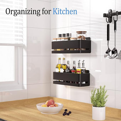 Shower Caddy, 2-Pack Shower Shelf, Heavy-Duty Bathroom Storage Shelf, Large Capacity No-Drill Bathroom Organizer, Black Metal Storage Basket, Adhesive Installation