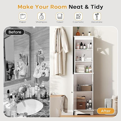 Narrow Bathroom Storage Cabinet with Door and Open Adjustable Shelves, 60.9" H Wooden Tall Tower Corner Farmhouse Cabinet, Freestanding Organizer for Kitchen, Entryway White