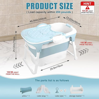 Portable Bathtub, 39 inch Portable Folding Bathtub for Adult, Portable Soaking Bath Tub with Ergonomic Seat & Massage Roller, Freestanding Surround Collapsible Tub for Hot Bath Ice Bath (Blue)