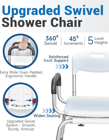 Sangohe Shower Chair for Inside Shower - 360⁰ Swivel Shower Chair - Heavy Duty Shower Seat with Back - Shower Chair for Bathtub with Arms for Handicap - Shower Seats for Elderly, 788A