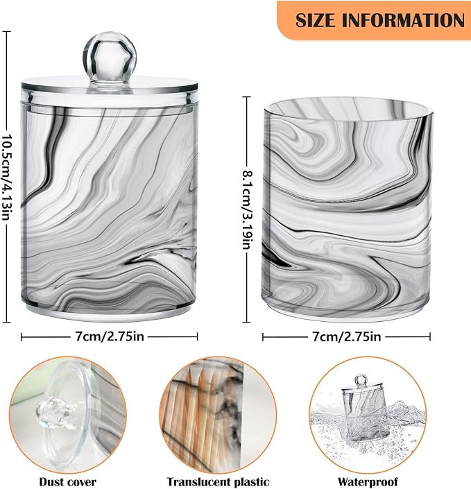 MNSRUU 2 Pack Qtip Holder Organizer Dispenser Fashion Grey Marble Bathroom Storage Canister Cotton Ball Holder Bathroom Containers for Cotton Swabs/Pads/Floss