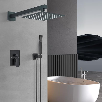 Shower Faucet Matte Black Shower System with 8 Inches Rain Shower Head and Handheld Spray Bathroom Luxury Rain Shower Faucet Set Complete Wall Mounted