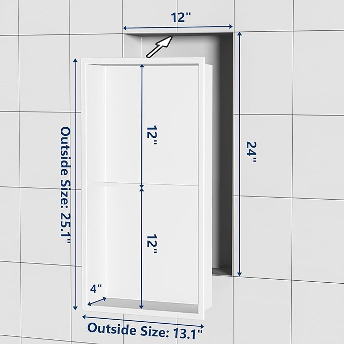 Stainless Steel Shower Niche 24" X 12", No Tile Needed Wall Niche Double Shelves, Recessed Shower Shlef for Bathroom Storage, Matte White