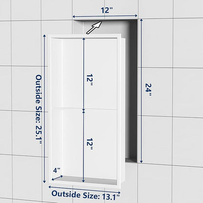 Stainless Steel Shower Niche 24" X 12", No Tile Needed Wall Niche Double Shelves, Recessed Shower Shlef for Bathroom Storage, Matte White