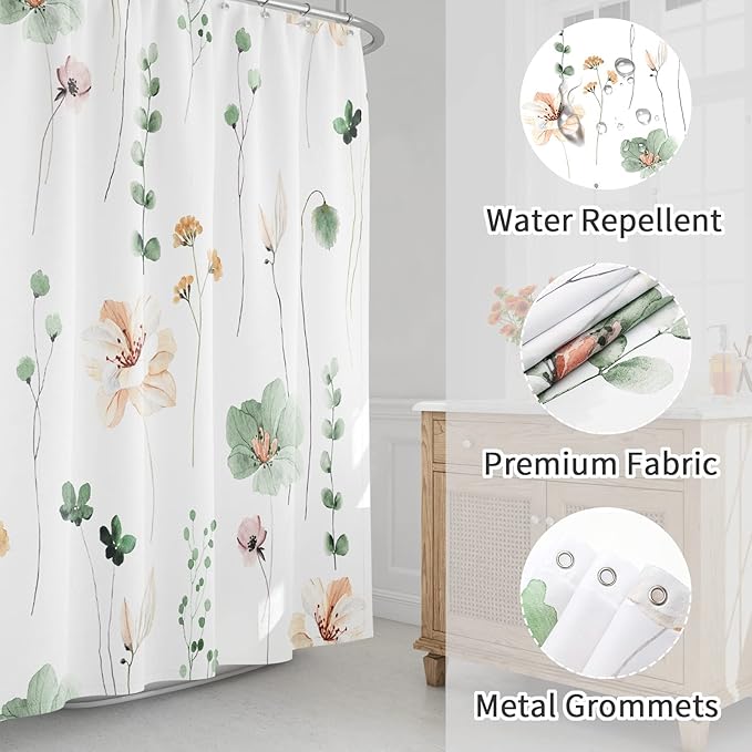 Gibelle Small Stall Shower Curtain 36 x 72, Narrow Half Watercolor Floral Fabric Shower Curtain, Sage Green Beige Flower Decorative Bathroom Shower Curtain Set