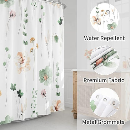 Gibelle Small Stall Shower Curtain 36 x 72, Narrow Half Watercolor Floral Fabric Shower Curtain, Sage Green Beige Flower Decorative Bathroom Shower Curtain Set