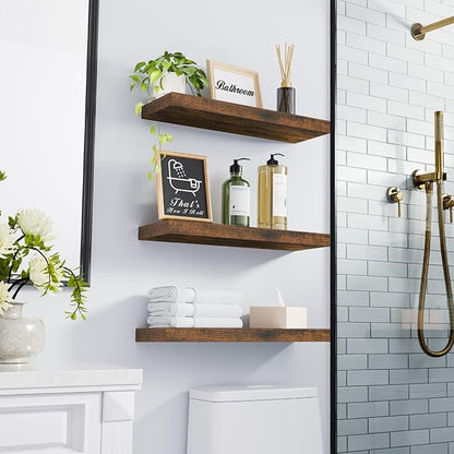 BAYKA Floating Shelves Bathroom for Wall – Shelf Over Toilet Farmhouse Rustic Wood for Bedroom, Kitchen, or Living Room Decor Organization Display Shelving – Rustic Brown, Set of 3