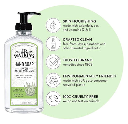 J.R. Watkins Gel Hand Soap, 3 Pack of 11 Fl Oz, Aloe & Green Tea
