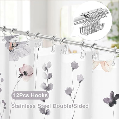 Gibelle 3 in 1 Shower Curtain Set, Charcoal Grey Watercolor Floral Bath Curtain and PEVA Liner Set with 12 Double Sided Steel Hooks, Waterproof Fabric Bathroom Curtain 72x72