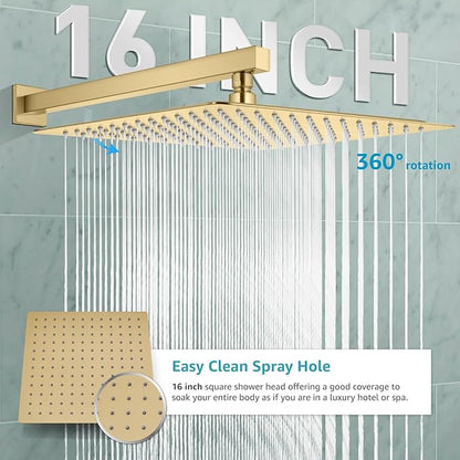 gotonovo Rainfall Bathroom Shower System Rain Shower Head and Handle Set Wall Mounted Shower Complete Combo Solid Brass Pressure Balancing Shower Mixer Valve 16 Inch Brushed Gold