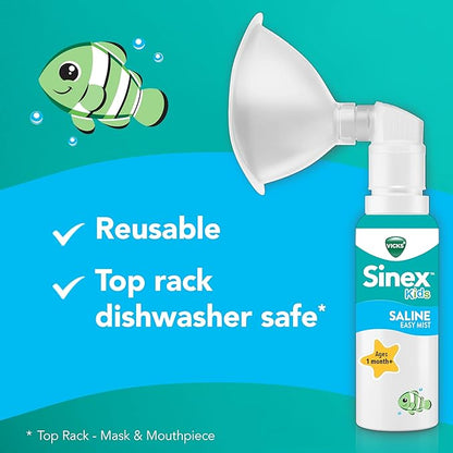 Vicks Sinex Kids Saline Easy Mist Refill, Drug Free Saline, Ages 1 Month+, Gently Clears and Soothes Everyday Stuffy Noses, Safe for Daily Use, 1.7 OZ