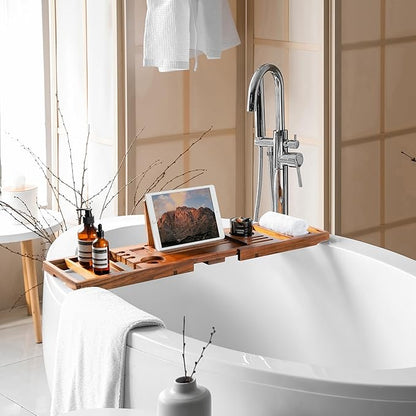 Teak Bathtub Tray | Adjustable Width Tray with Wine Holder, Tablet/Phone & Book Stand, Splash-Proof for Bath Time- Natural