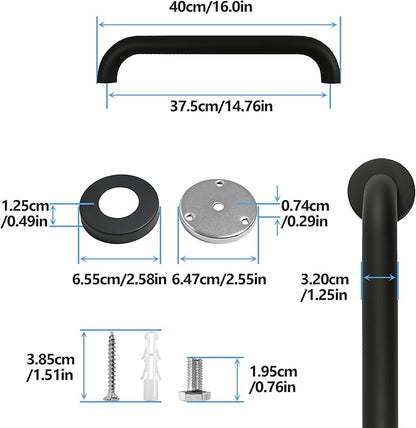 Shower Grab Bar, 2 Pack 16 Inch Black Bathroom Grab Bar, 1.25" Diameter 304 Stainless Steel Grab Bars for Bathtubs and Showers, Handicap Shower Grab Bar for Seniors Elderly