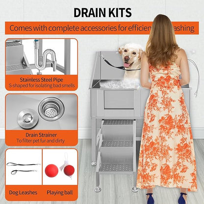 38" Professional Dog Wash Station, Stainless Steel Dog Grooming Tub for Large, Medium & Small Pets - with Anti-Slip Stairs, Drain & Door, Silver