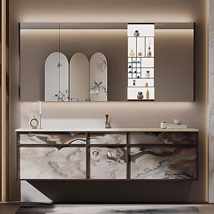 76IN Modern Bathroom Vanity with Sink - Bathroom Vanity with 2 Drawer Organizer, LED Mirror Lights & Defogging Function | Wall - Mounted Vanity with Silver Sink Faucet