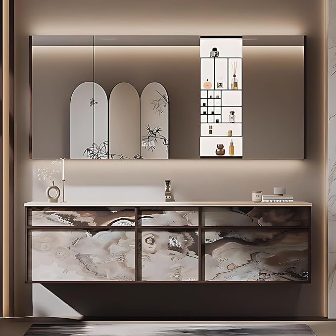 60IN Modern Bathroom Vanity with Sink - Bathroom Vanity with 2 Drawer Organizer, LED Mirror Lights & Defogging Function | Wall - Mounted Vanity with Silver Sink Faucet
