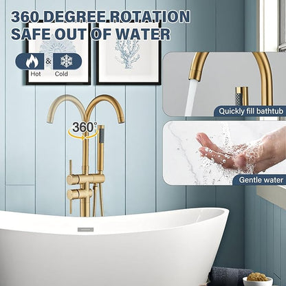 Brushed Gold Freestanding Bathtub Faucet with Hand Shower Tub Filler Faucet Floor Mounted High Flow Single Handle Bath Filler Solid Brass