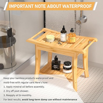 Zhuoyue Bamboo Spa Bath Shower Stool & Bench with Storage Shelf, Shower Bath Seats for Adults Seniors Women Elderly Tileable